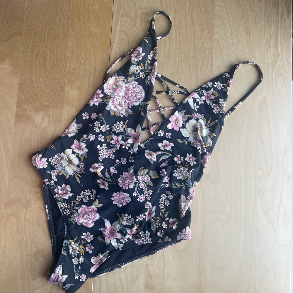 Billabong Floral Lace-Up One Piece - Black and Pink - Picture 7 of 14